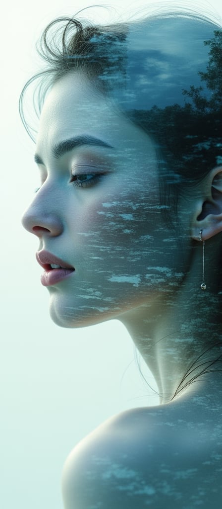 Book cover, A surreal double exposure portrait that blends a woman’s face with a beautiful seascape. The overall mood is dreamy and mystical, with rich colors and intricate details. By 007