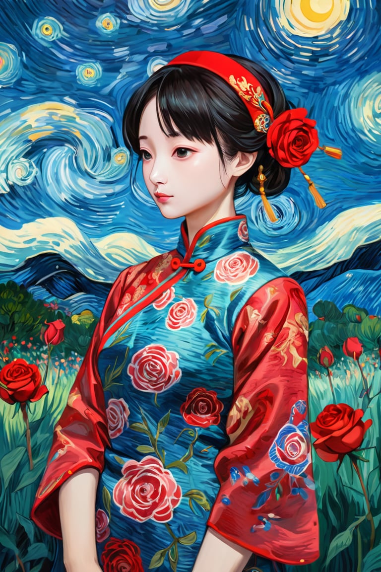 Rose Garden, a girl dressed in a traditional Chinese cheongsam dress, depicted in the style of a Van Gogh painting. The simple patterns and bright colors of her dress are typical of Chinese textiles, including a richly decorated voile and headband. The brushstrokes are bold and expressive, with swirling textures and dynamic movement reminiscent of Van Gogh's signature style. The background is a natural landscape with a vivid, swirling sky and lush greenery, painted in an equally dynamic and textured manner, reinforcing the girl's connection to her cultural heritage. ",Visual_Illustration,ruanyi0715