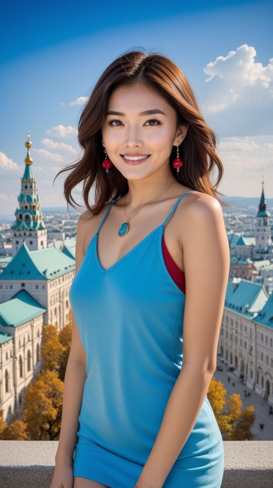 (Surreal) Photo of Chinese girl, 20 years old, clear facial features, shiny skin, earrings, necklace, smile, charming, messy hair, perfect female form, perfect body proportions, perfect anatomy, elegant fitting short skirt , [hazel brown, turquoise, raspberry red, aqua blue], (whole body: 1.3), (heel: 1.3)
rest
(Kremlin background, Kremlin, Kremlin, located in Russia, Moscow, sunny, blue sky), (long shot: 1.7)
rest
Rule of Thirds, Perfect Composition, Depth of Perspective, Studio Photos, Art Station Trends, (Masterpiece, Best Quality, Sharp Focus, High Contrast, HDR, Super Detailed, Intricate Details, Surreal: 1.3), (Chiaroscuro Lighting, Soft Light edge lighting, key light reflected from eye: 1.2), by Karol Bak, Gustav Klimt and Hayao Miyazaki, photo_b00ster, art_booster, real_booster