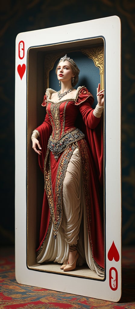 Portrait of a realistic, beautiful queen emerging from a large playing card depicting the Queen of Hearts. The queen is stepping out of the card, with half her body visible outside the card and half still inside. The playing card is upright and life-sized compared to the queen. By 007