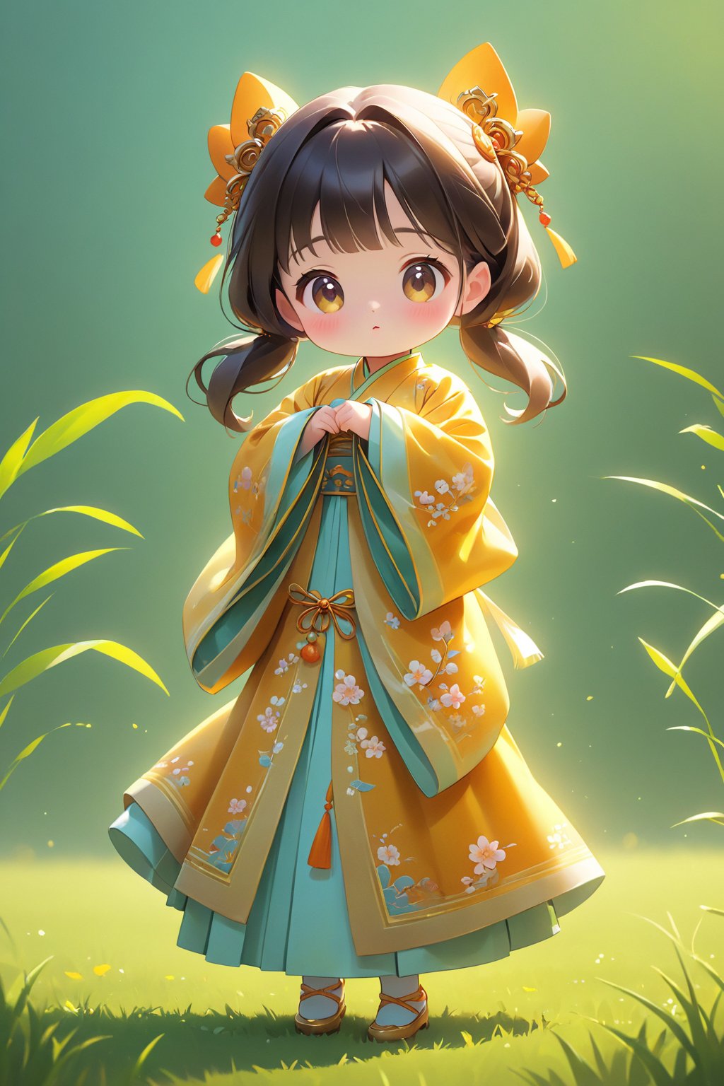 Children's Q version,Q version  standing on the grass,lovely digital painting, Clean background cute digital art, Cute detailed digital art, Cute cartoon character, Beautiful character painting, Chinese girl, Realistic cute girl painting, Beautiful digital artwork, Palace , A girl in Hanfu, cute character, Cute cartoon, digital cartoon painting art, Guviz-style artwork