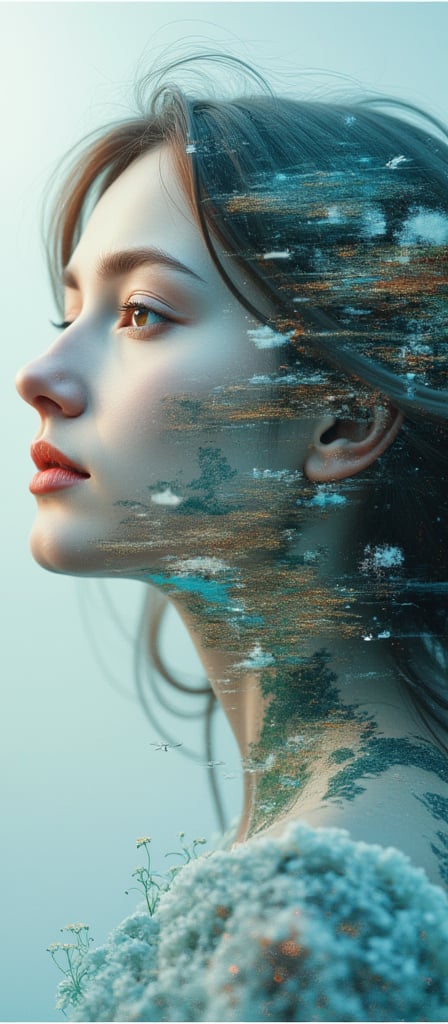 Book cover, A surreal double exposure portrait that blends a woman’s face with a beautiful seascape. The overall mood is dreamy and mystical, with rich colors and intricate details. By 007