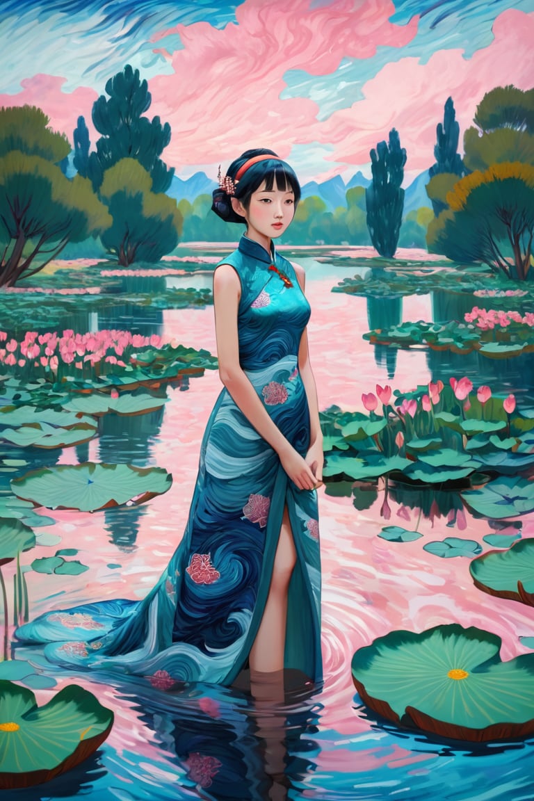 A girl in a traditional Chinese cheongsam dress is depicted in the style of a Van Gogh painting by a lotus pond. The simple patterns and bright colors of her dress are typical of Chinese textiles, including a richly decorated voile and headband. The brushstrokes are bold and expressive, with swirling textures and dynamic movement reminiscent of Van Gogh's signature style. The background is a natural landscape with a vivid, swirling sky and lush greenery, painted in an equally dynamic and textured manner, reinforcing the girl's connection to her cultural heritage. ",Visual_Illustration,ruanyi0715