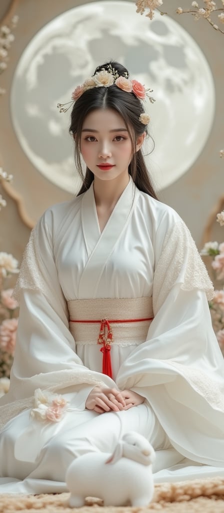  A young woman in a beautiful white hanfu sits on a soft, patterned fabric. She is adorned with delicate floral hair ornaments and a red tassel hangs from her waist. Her expression is serene and elegant, her gaze directed towards the viewer. A white rabbit sits beside her, adding a touch of innocence and charm to the scene. The background features a large moon, creating a sense of cultural richness and mystique.By 007