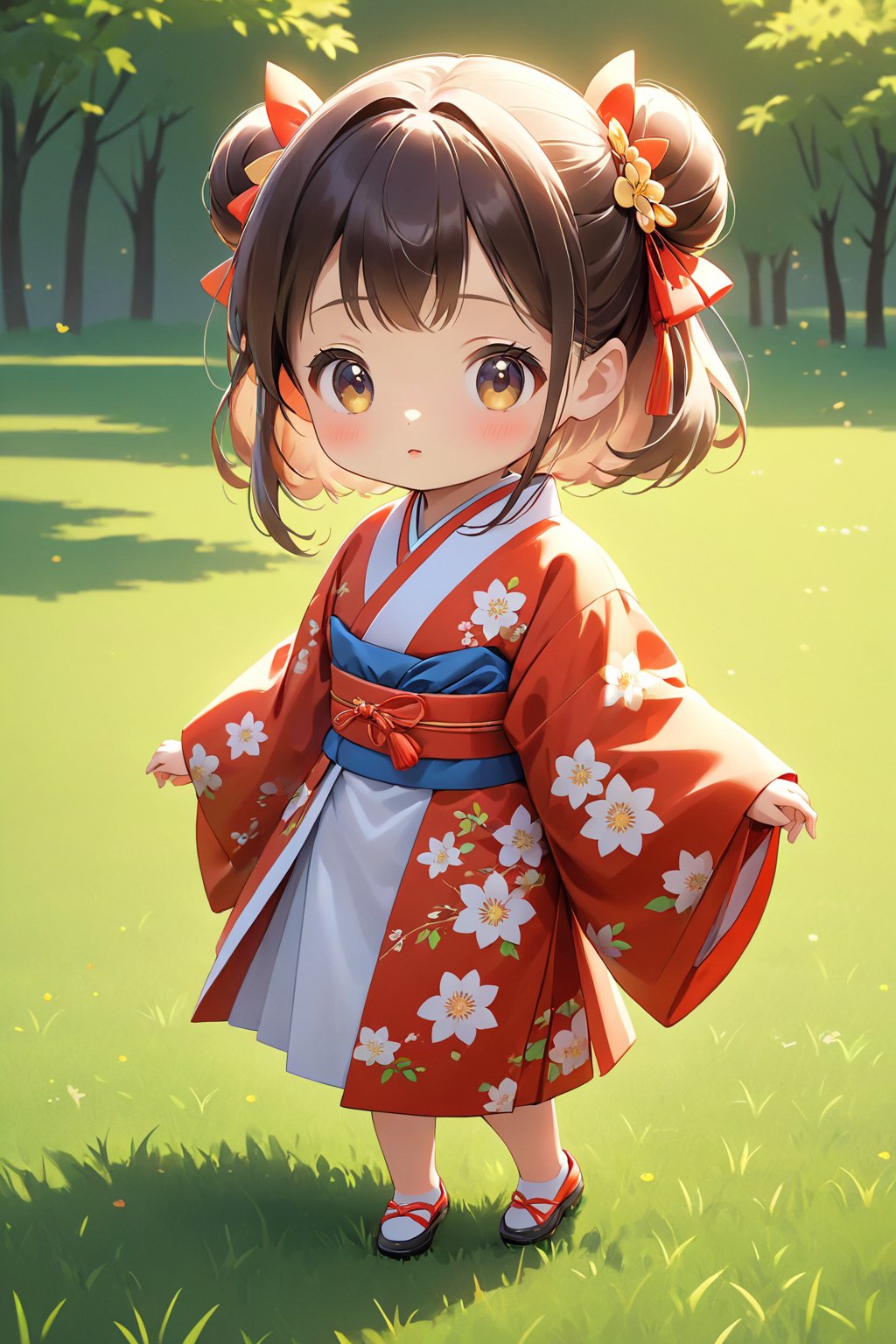 children's Q version, Q version standing on the grass, cute digital painting, clean background cute digital art, cute and detailed digital art, cute cartoon characters, beautiful character drawings, Japanese girl, realistic cute girl drawings, beautiful digital artwork, palace, girl in kimono, cute characters, cute cartoon, digital cartoon drawing art, Guviz style artwork