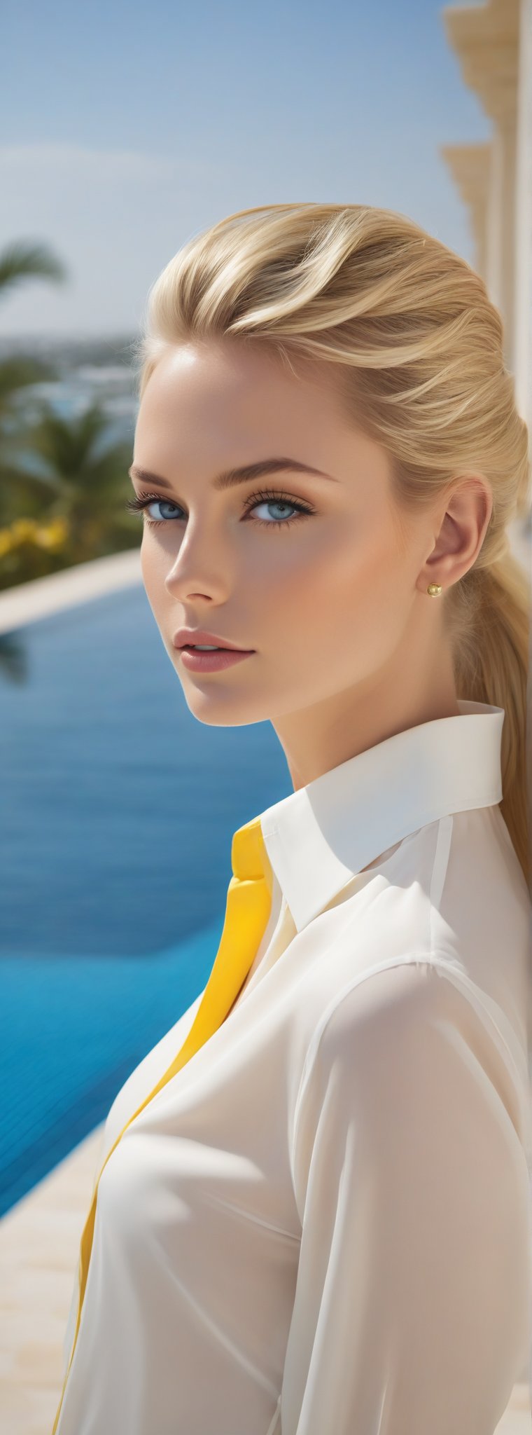 Captured from the perspective of a professional camera, an elegant supermodel with flowing blonde hair and stunning blue eyes lies gracefully by the infinity pool, her sleek ponytail and stylish long yellow shirt adding to her allure. This image, whether a photograph or a painting, exudes luxury and sophistication. The model's perfect features, radiant beauty and impeccable sense of style create a mesmerizing, high-quality visual experience.