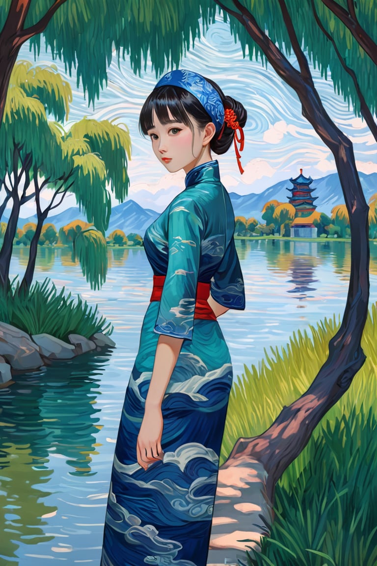 A girl dressed in a traditional Chinese cheongsam dress is depicted in the style of a Van Gogh painting, beneath the willow trees of West Lake. The simple patterns and bright colors of her dress are typical of Chinese textiles, including a richly decorated voile and headband. The brushstrokes are bold and expressive, with swirling textures and dynamic movement reminiscent of Van Gogh's signature style. The background is a natural landscape with a vivid, swirling sky and lush greenery, painted in an equally dynamic and textured manner, reinforcing the girl's connection to her cultural heritage. ",Visual_Illustration,ruanyi0715