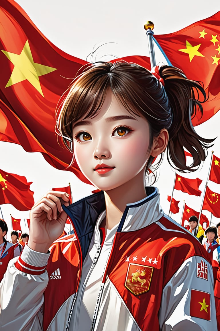 detailed illustration, dynamic angle, ultra-detailed, illustration, 1girl, Chinese flag, white and red jacket, medium, Olympic Awards Ceremony, olympic competition, yellow-brown eyes, bright eyes, podium, 