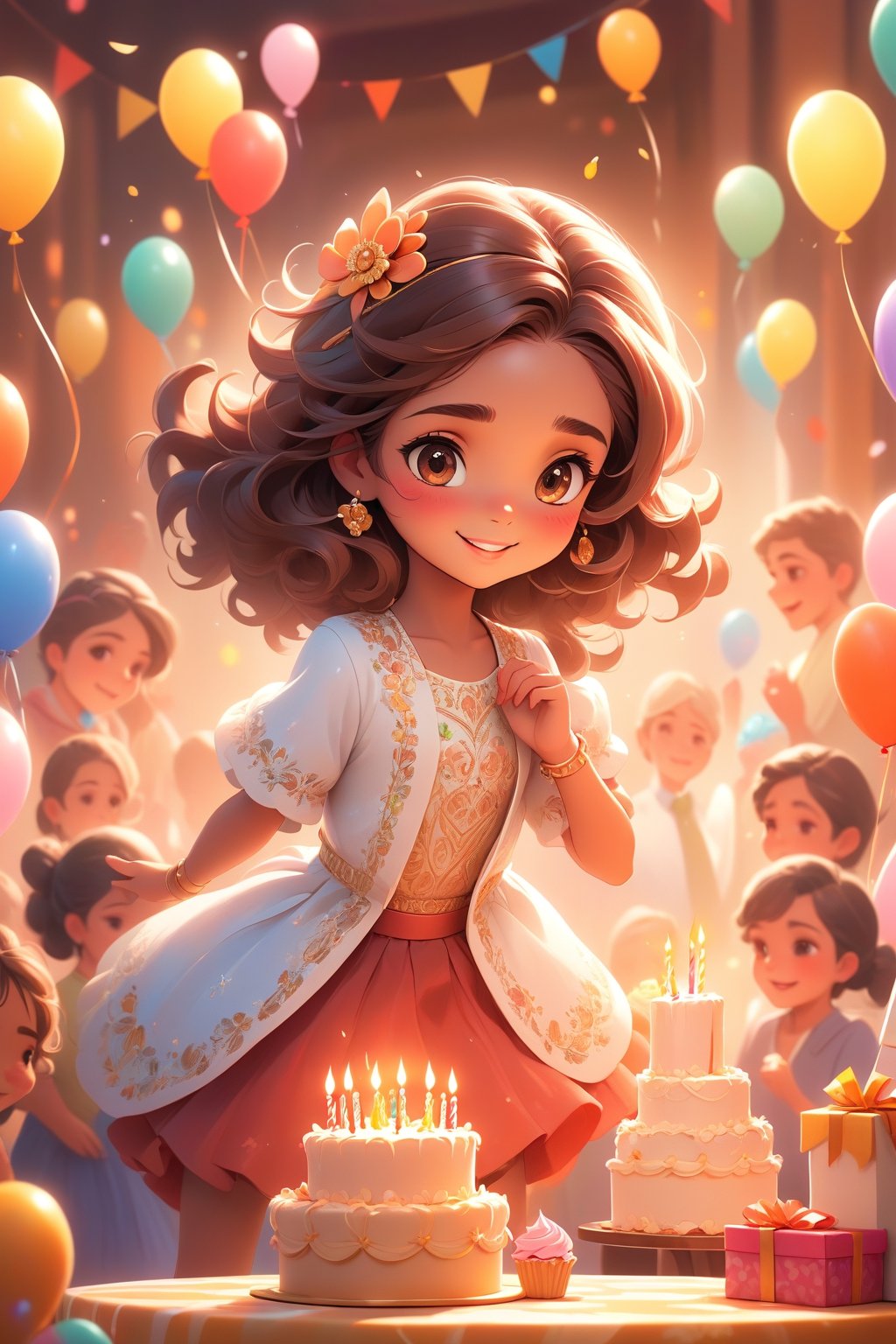 best quality, masterpiece, beautiful and aesthetic, vibrant color, Exquisite details and textures,  Warm tone, ultra realistic illustration,	(cute Latino girl, 9year old:1.5),	(birthday party theme:1.4),	cute eyes, big eyes,	(a beautiful smile:1.1),	cinematic lighting, ambient lighting, sidelighting, cinematic shot,	siena natural ratio, children's body, anime style, 	Full length view,	Short Wave brown hair,	wearing white over velvet coat,	ultra hd, realistic, vivid colors, highly detailed, UHD drawing, perfect composition, beautiful detailed intricate insanely detailed octane render trending on artstation, 8k artistic photography, photorealistic concept art, soft natural volumetric cinematic perfect light. 