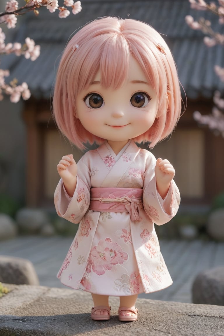 masterpiece,best quality,high resolution,PVC,rendering,chibi,high resolution,a girl,anya forger,pink hair,long bob hairstyle,kimono outfit,grey eyes,smile,selfish goals,chibi,tokyo landscape,smile,smiley,self-righteous,full body,chibi,3d character,toy,doll,character print,front view,natural light,((real)) 1.2)),dynamic pose,medium movement,perfect movie-like perfect lighting,perfect composition,outfit,anya_forger_spyxfamily,JediOutfit,BnnBnn,