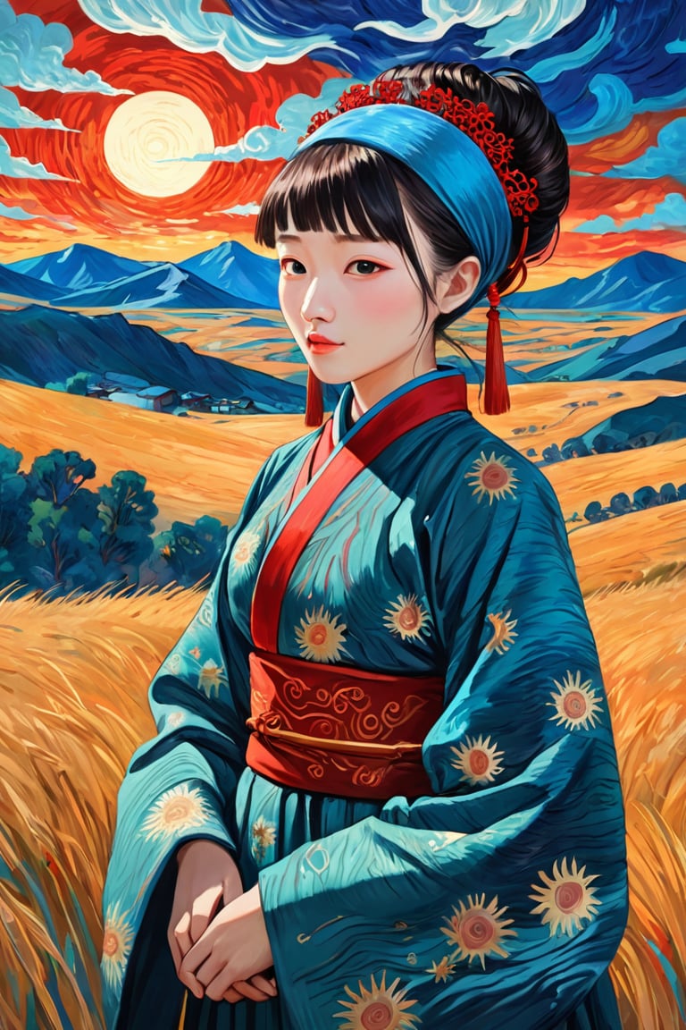 Rising Sun Grassland, a girl dressed in traditional Chinese Mongolian dress, depicted in the style of a Van Gogh painting. The simple patterns and bright colors of her dress are typical of Chinese textiles, and include an intricately decorated robe and headband. The brushstrokes are bold and expressive, with swirling textures and dynamic movement reminiscent of Van Gogh's signature style. The background is a natural landscape with a vivid, swirling sky and lush greenery, painted in an equally dynamic and textured manner, reinforcing the girl's connection to her cultural heritage. ",Visual_Illustration,ruanyi0715