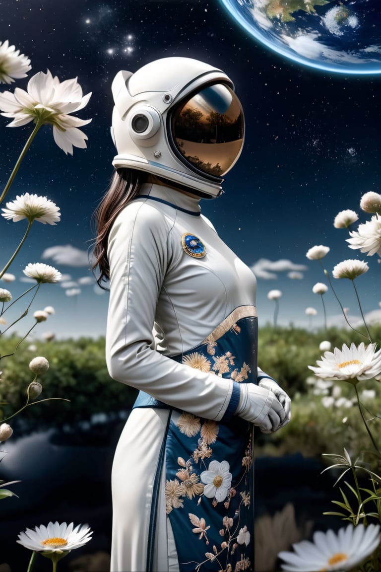 "The beautiful girl is dressed in a kimono, a traditional Japanese dress with intricate embroidery, flowing and graceful, (wearing a modern astronaut helmet). The visor of the helmet reflects the tranquil beauty of nature, perhaps a lush landscape or a starry sky, adding a sense of wonder and adventure. The background is cleverly detailed to enhance the focus on the girl, blending elements of tradition and exploration in a harmonious and visually captivating way.",astronaut_flowers,aodaixl,anime,ParallelObserver