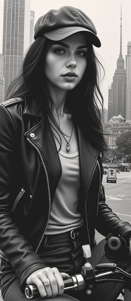 A stunning hyper-realistic charcoal artwork by Sasan, showcasing Maeve, a 25-year-old woman with dark hair and a newsboy cap. She is casually posed with a half-cut leather jacket, leaning on her motorcycle. The background features a captivating cityscape with towering buildings, creating a dynamic contrast between the subject and the urban environment. The artwork is enriched with oil varnish, showcasing deep and rich colors, and pays homage to the beauty of nature through a print collage of a woman's face in the style of Josef Kote, Grunge Beauty, Dain Yoon, and Cyan and Blue. The multi-layered composition and Antonio Mancini's influence result in a captivating and thought-provoking piece, displayed on a sustainable black iron panel. The charcoal sketch invites viewers. By 007