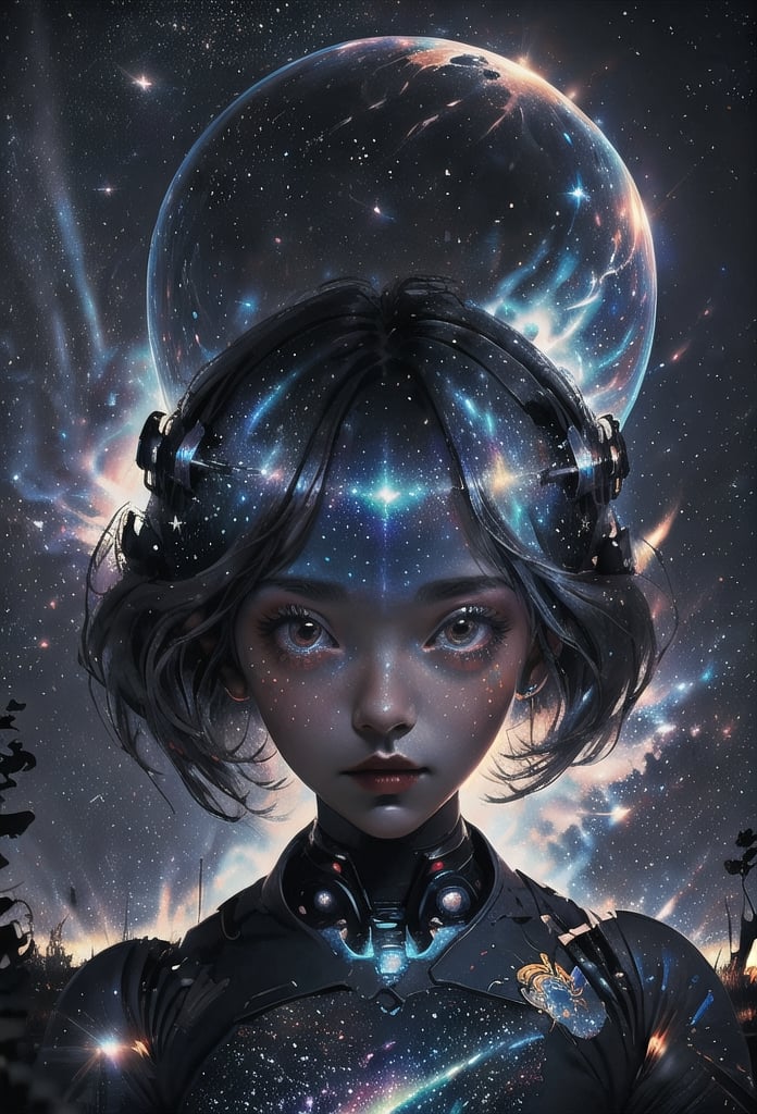 1girl, portrait of cute girl, star girl:1.2, star light, shinning, cosmos, nebula, mosaic, art, creation ,High detailed,mecha,DragonCute,DarkTheme,High detailed ,Dancer_of_the_Boreal_Valley