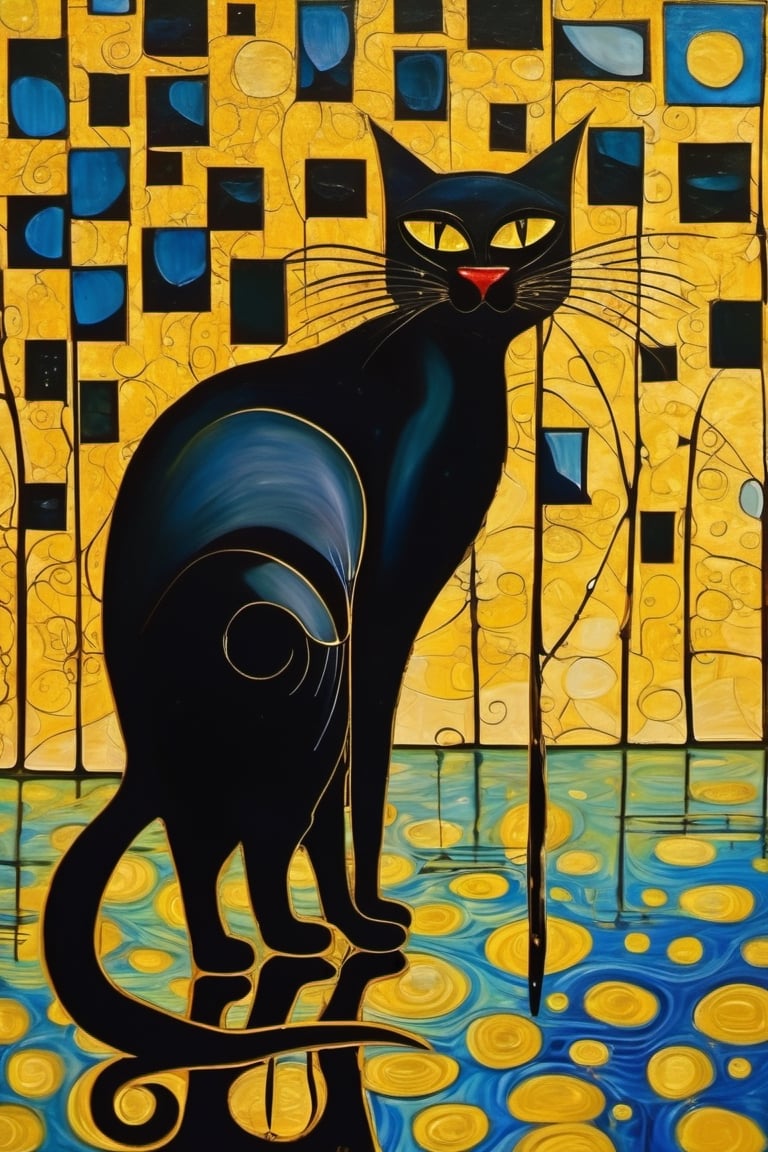 black cat in raining street, (Klimt style:1.4) mixed (Dali style)