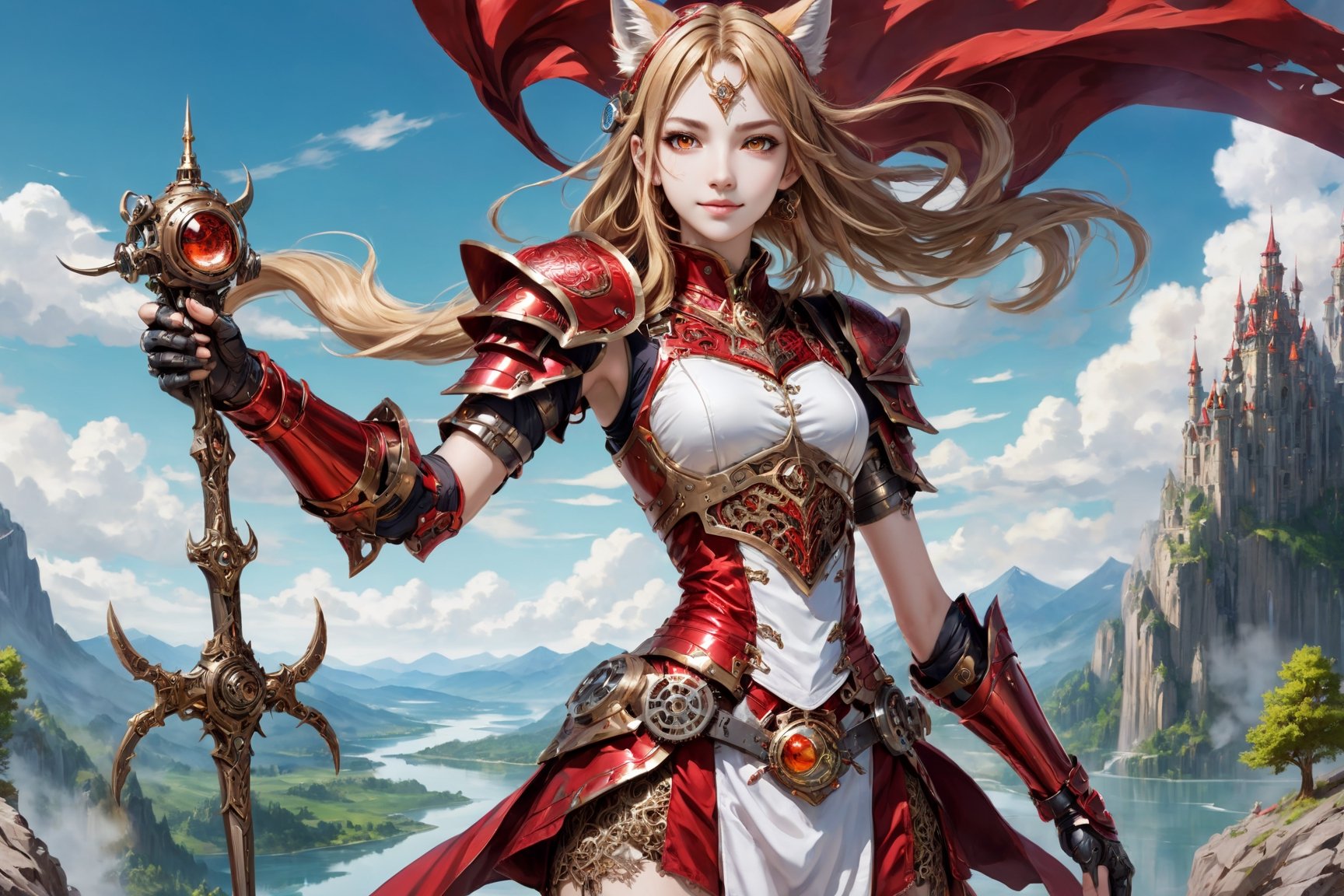 front_view, (1girl, looking at viewer),standing on stone ,20 year old, golden long hair,thin face,smile,red metalic armor, dynamic pose, red metal handguard, red metallic  shorts,red metallic boots, longdelicate white filigree, intricate filigree, red metalic parts, nice fitting armor, detailed part, open eyes, seductive eyes, trees,mountain, water,steampunk style,4nime style,EpicSky,cloud,sky,Spirit Fox 