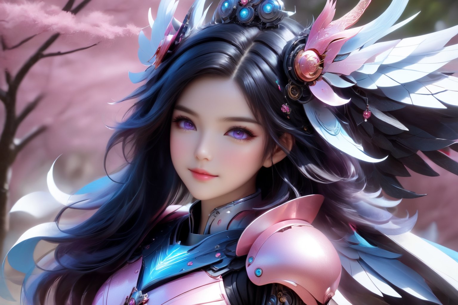 (full length view:1.5), (pink background:1.5), (masterpiece, best quality:1.33), Meet a Girl robot, 20-year-old robot companion, round azure eyes. Mountain, water, trees, a cute baby red dragon, Its charming head is predominantly adorned in a delightful blend of sky blue and purple, leaning more towards the pristine white shade. The round face exudes an endearing appeal, paired with a petite armored body that adds to its adorable nature. All set against a clean and immaculate white background, this girl robot encapsulates the perfect fusion of cuteness and innovation, happy smile, (high quality, 8k, best composition, symmetry, aesthetic), (made in adobe illustrator:1.33), 

front_view, (1girl, looking at viewer), black long hair, black metalic mechanical_armor, dynamic pose, delicate pink filigree, intricate filigree, black metalic parts, intricate armor, detailed part, open eyes, seductive eyes, steampunk style,mecha,4nime style,DonMPl4sm4T3chXL ,xxmix_girl,mythical clouds,EpicSky,cloud,Sci-fi,LinkGirl,Chibi Style,DonMB4nsh33XL 