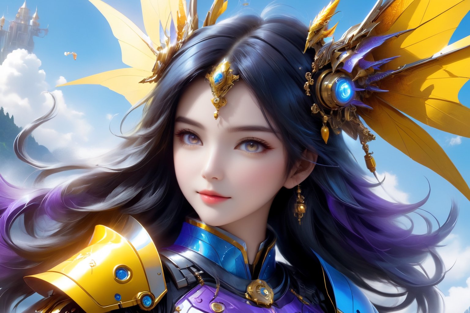 (full length view:1.5), (yellow background:1.5), (masterpiece, best quality:1.33), Meet a Girl robot, 20-year-old robot companion, round azure eyes. Mountain, water, trees, a cute baby red dragon, Its charming head is predominantly adorned in a delightful blend of sky blue and purple, leaning more towards the pristine white shade. The round face exudes an endearing appeal, paired with a petite armored body that adds to its adorable nature. All set against a clean and immaculate white background, this girl robot encapsulates the perfect fusion of cuteness and innovation, happy smile, (high quality, 8k, best composition, symmetry, aesthetic), (made in adobe illustrator:1.33), 

front_view, (1girl, looking at viewer), black long hair, black metalic mechanical_armor, dynamic pose, delicate yellow filigree, intricate filigree, yellow metalic parts, intricate armor, detailed part, open eyes, seductive eyes, steampunk style,mecha,4nime style,DonMPl4sm4T3chXL ,xxmix_girl,mythical clouds,EpicSky,cloud,Sci-fi,LinkGirl,Chibi Style,DonMB4nsh33XL 