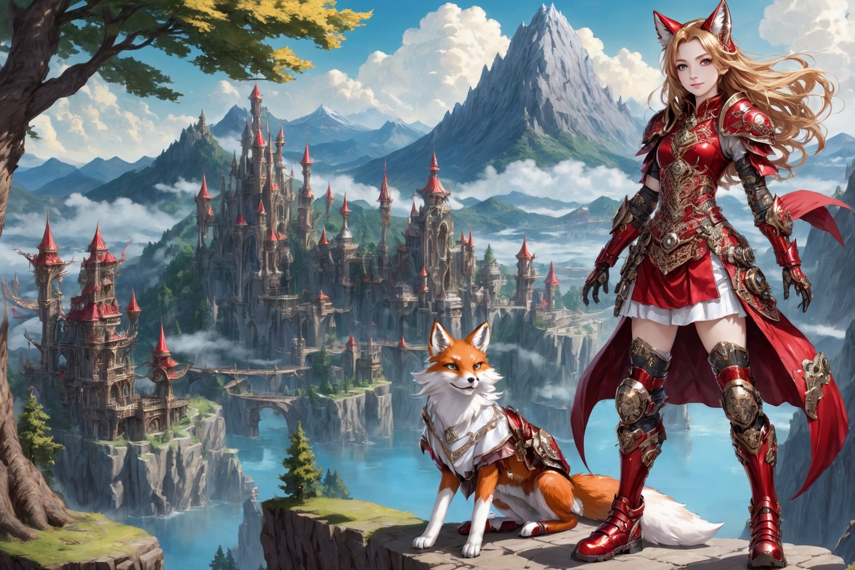 front_view, (1girl, looking at viewer),standing on stone ,20 year old, golden long hair,thin face,smile,red metalic armor, dynamic pose, red metal handguard, red metallic  shorts,red metallic boots, longdelicate white filigree, intricate filigree, red metalic parts, nice fitting armor, detailed part, open eyes, seductive eyes, trees,mountain, water,steampunk style,4nime style,EpicSky,cloud,sky,Spirit Fox 