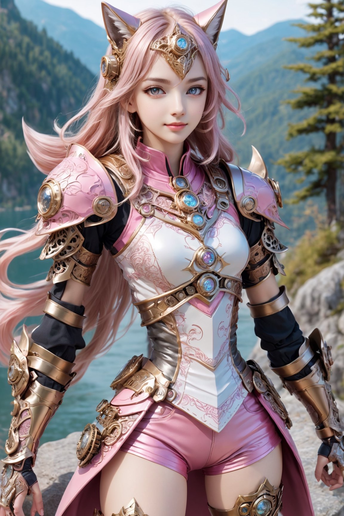 front_view, (1girl, looking at viewer),standing on stone ,20 year old, golden long hair,thin face,smile,pink metalic armor, dynamic pose, pink metal handguard, pink metallic  shorts,pink metallic boots, longdelicate white filigree, intricate filigree, pink metalic parts, nice fitting armor, detailed part, open eyes, seductive eyes, trees,mountain, water,steampunk style,4nime style,EpicSky,cloud,sky,Spirit Fox Pendant