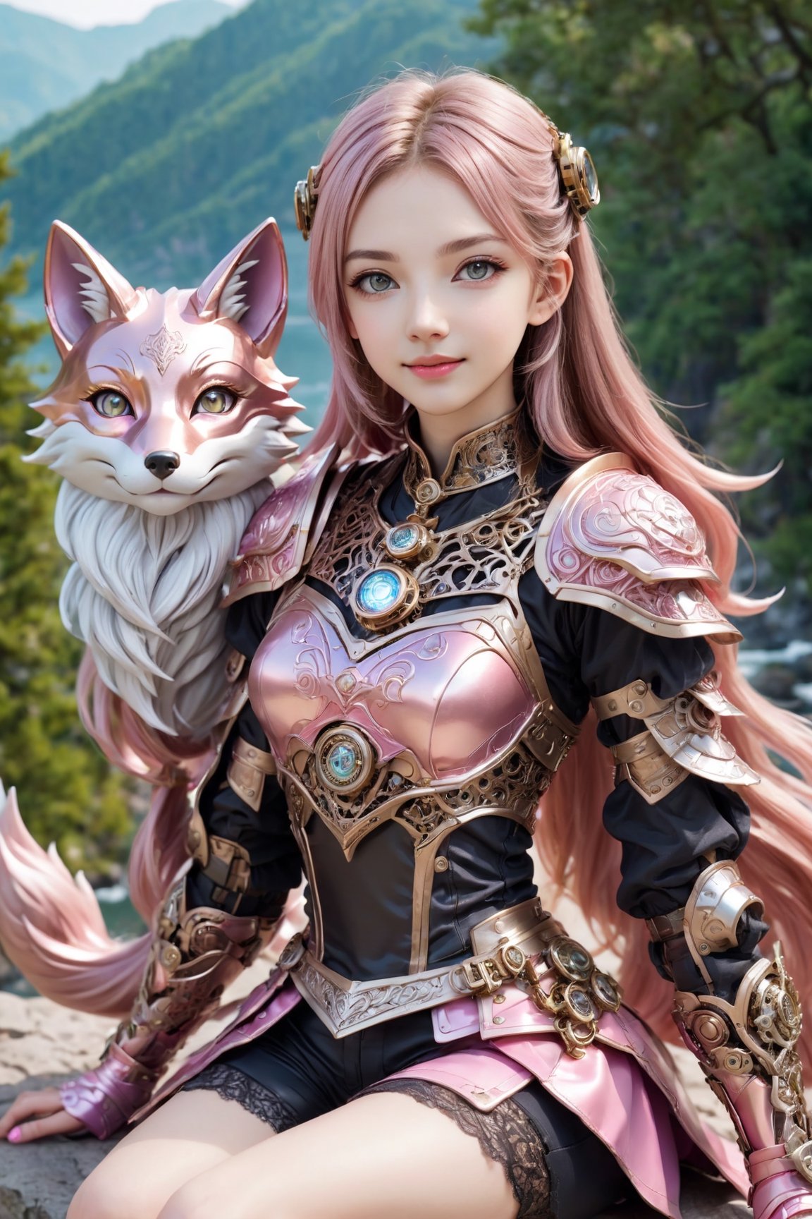 front_view, (1girl, looking at viewer),sit on stone ,20 year old, golden long hair,thin face,smile,pink metalic armor, dynamic pose, pink metal handguard, pink metallic  shorts,pink metallic boots, longdelicate white filigree, intricate filigree, pink metalic parts, nice fitting armor, detailed part, open eyes, seductive eyes, trees,mountain, water,steampunk style,4nime style,EpicSky,cloud,sky,Spirit Fox Pendant