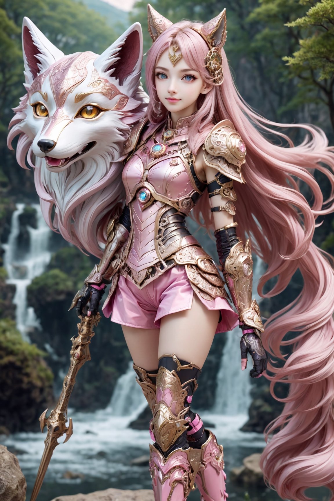 front_view, (1girl, looking at viewer),standing on stone ,20 year old, golden long hair,thin face,smile,pink metalic armor, dynamic pose, pink metal handguard, pink metallic  shorts,pink metallic boots, longdelicate white filigree, intricate filigree, pink metalic parts, nice fitting armor, detailed part, open eyes, seductive eyes, trees,mountain, water,steampunk style,4nime style,EpicSky,cloud,sky,Spirit Fox Pendant