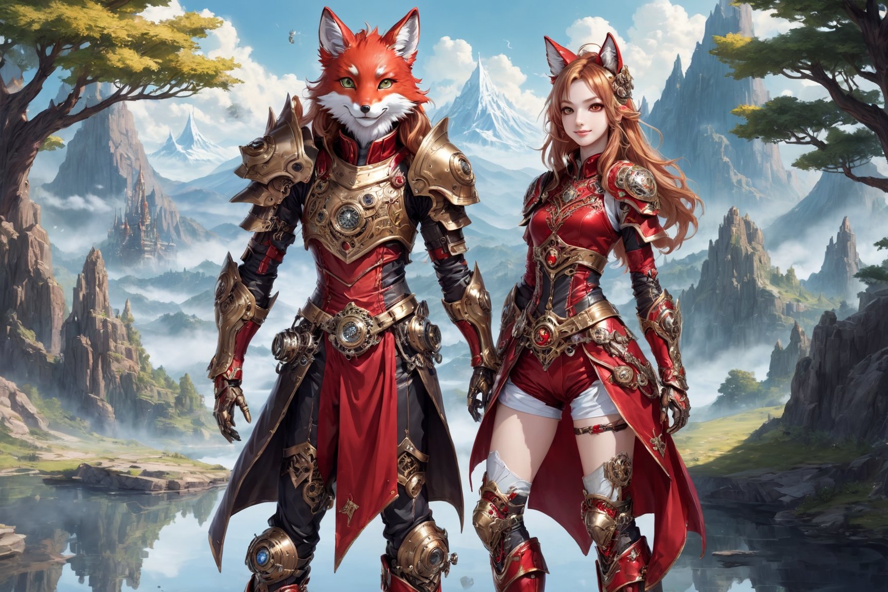 front_view, (1girl, looking at viewer),standing on stone ,20 year old, golden long hair,thin face,smile,red metalic armor, dynamic pose, red metal handguard, red metallic  shorts,red metallic boots, longdelicate white filigree, intricate filigree, red metalic parts, nice fitting armor, detailed part, open eyes, seductive eyes, trees,mountain, water,steampunk style,4nime style,EpicSky,cloud,sky,Spirit Fox 