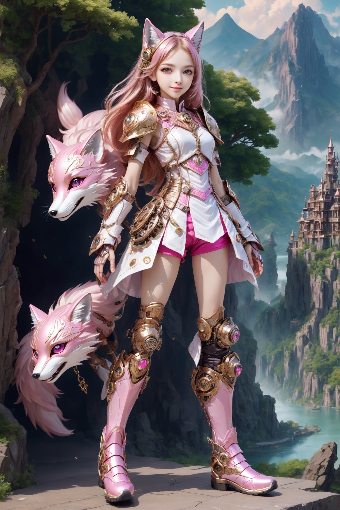 front_view, (1girl, looking at viewer), fly in the air,20 year old, golden long hair,thin face,smile,pink metalic armor, dynamic pose, pink metal handguard, pink metallic  shorts,pink metallic boots, longdelicate white filigree, intricate filigree, pink metalic parts, nice fitting armor, detailed part, open eyes, seductive eyes, trees,mountain, water,steampunk style,4nime style,EpicSky,cloud,sky,Spirit Fox Pendant