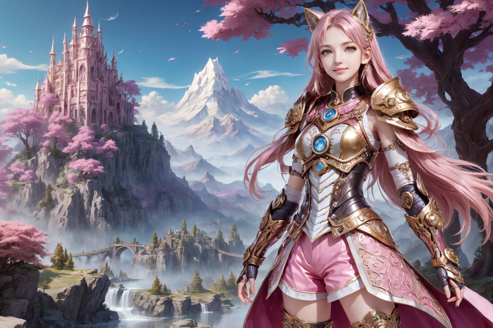 front_view, (1girl, looking at viewer),standing on stone ,20 year old, golden long hair,thin face,smile,pink metalic armor, dynamic pose, pink metal handguard, pink metallic  shorts,pink metallic boots, longdelicate white filigree, intricate filigree, pink metalic parts, nice fitting armor, detailed part, open eyes, seductive eyes, trees,mountain, water,steampunk style,4nime style,EpicSky,cloud,sky,Spirit Fox Pendant