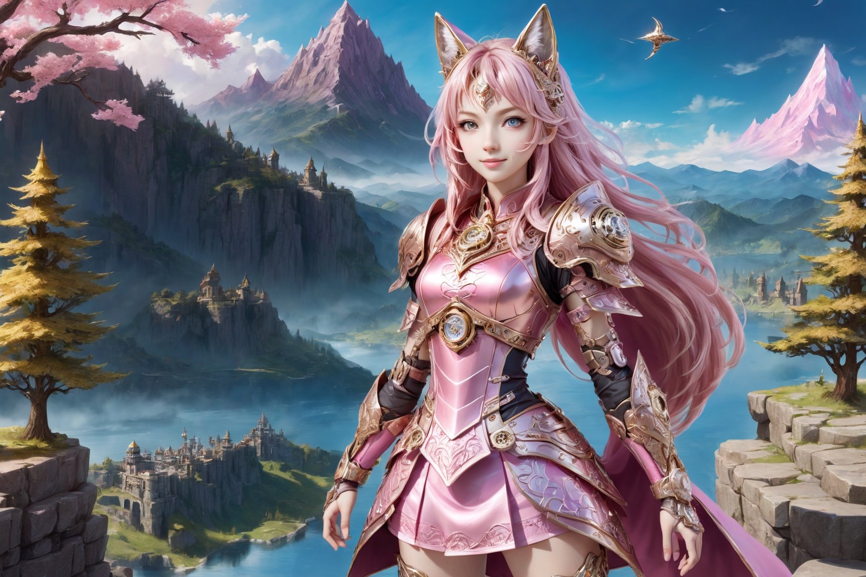 front_view, (1girl, looking at viewer),standing on stone ,20 year old, golden long hair,thin face,smile,pink metalic armor, dynamic pose, pink metal handguard, pink metallic  shorts,pink metallic boots, longdelicate white filigree, intricate filigree, pink metalic parts, nice fitting armor, detailed part, open eyes, seductive eyes, trees,mountain, water,steampunk style,4nime style,EpicSky,cloud,sky,Spirit Fox Pendant