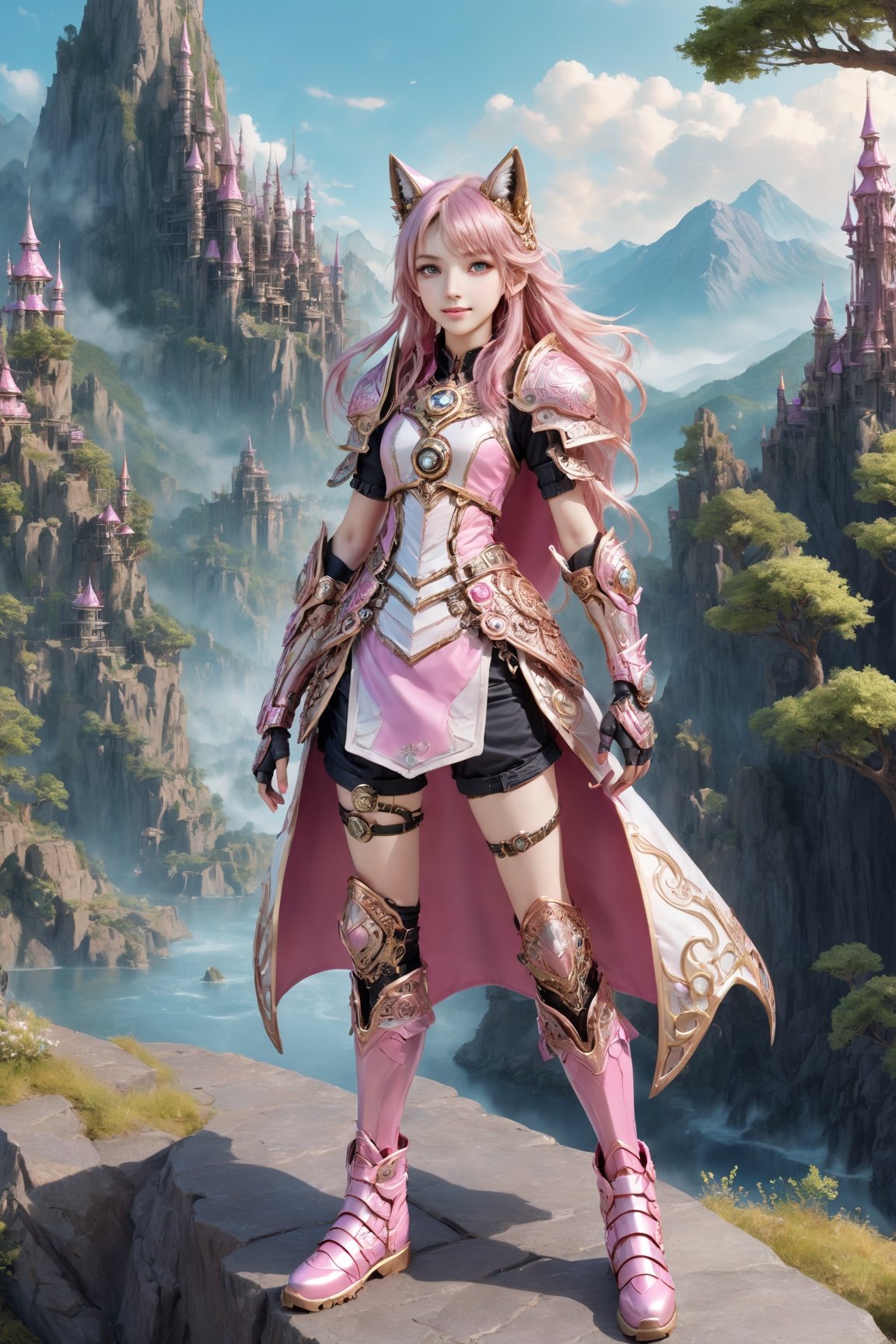 front_view, (1girl, looking at viewer),standing on stone ,20 year old, golden long hair,thin face,smile,pink metalic armor, dynamic pose, pink metal handguard, pink metallic  shorts,pink metallic boots, longdelicate white filigree, intricate filigree, pink metalic parts, nice fitting armor, detailed part, open eyes, seductive eyes, trees,mountain, water,steampunk style,4nime style,EpicSky,cloud,sky,Spirit Fox Pendant