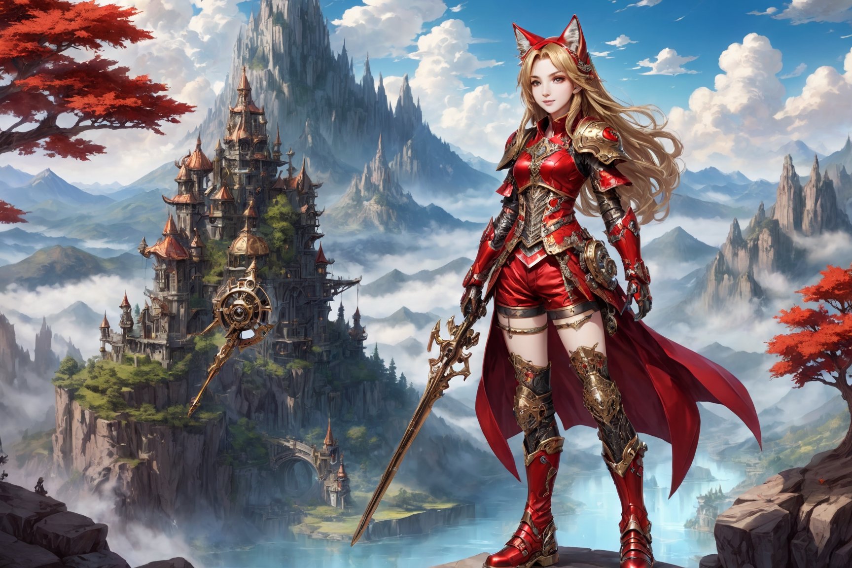 front_view, (1girl, looking at viewer),standing on stone ,20 year old, golden long hair,thin face,smile,red metalic armor, dynamic pose, red metal handguard, red metallic  shorts,red metallic boots, longdelicate white filigree, intricate filigree, red metalic parts, nice fitting armor, detailed part, open eyes, seductive eyes, trees,mountain, water,steampunk style,4nime style,EpicSky,cloud,sky,Spirit Fox 