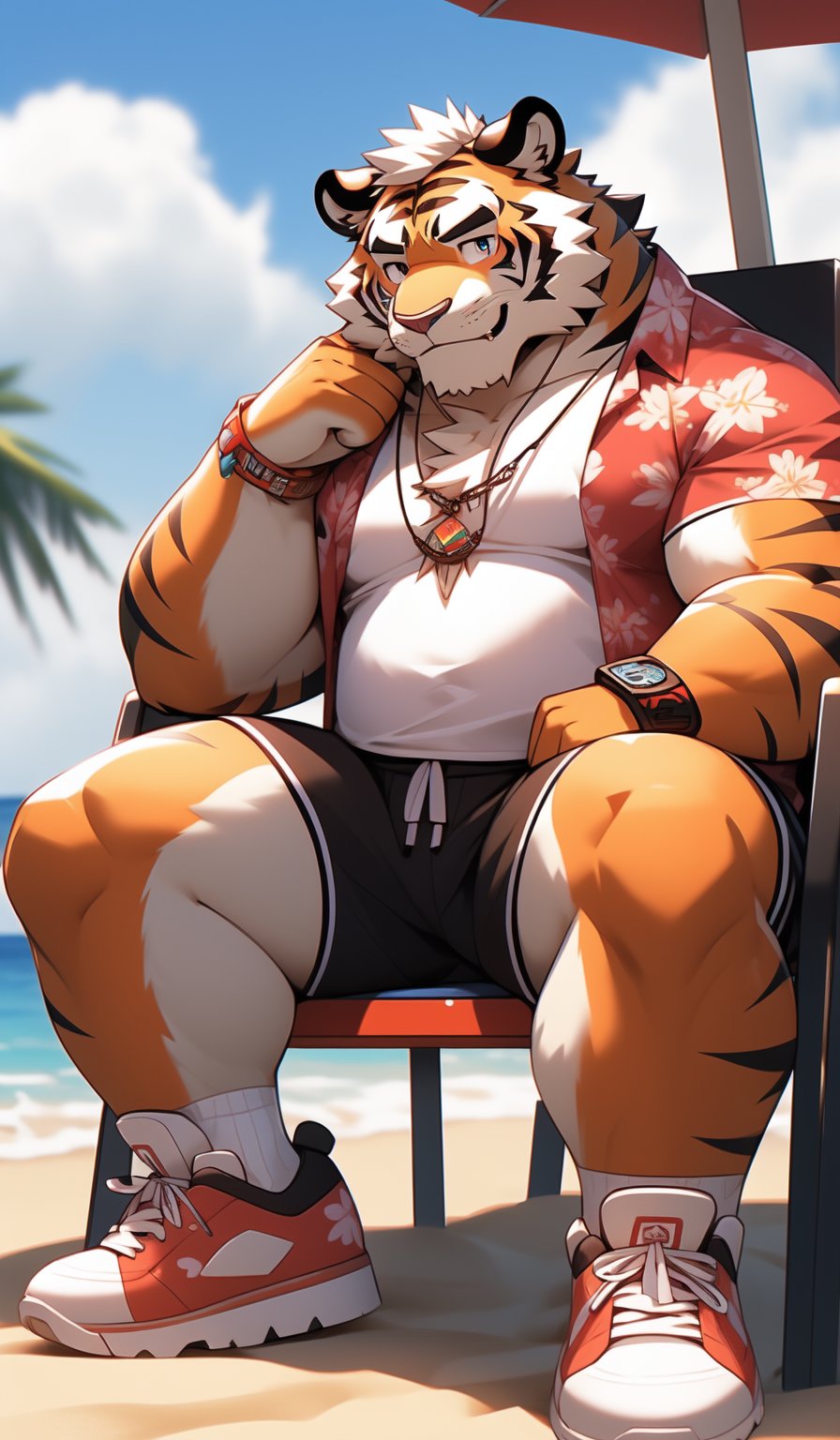 short focal length view, 1 kemono,  tiger, ((mature male)),  colorful furred,  solo,  4K,  masterpiece,  ultra-fine details,  big ear,  bushy eyebrow, serious eye, thick thighs, colored basketball shorts, full body, iron tribal necklace, 
shiny smile, ((tall)), strong, aloha shirt, exposed chest, chest fur,
wristband,  summer beach,
sitting on beach chair,
sneakers, ((long socks)),
turn slightly sideways,nj5furry,niji,rough,