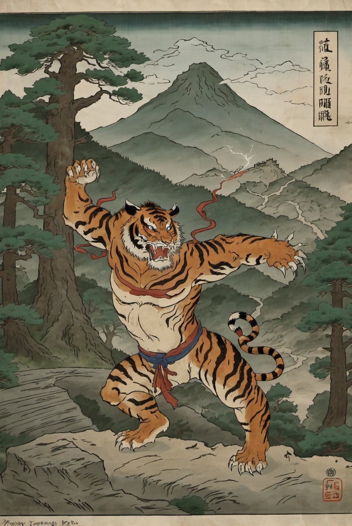 masterpiece, best quality, 
big tiger god , lightening, fierce, mountain, pines, japanese ukioe decorations,  buildings, ukiyoe,ukiyoe,on parchment