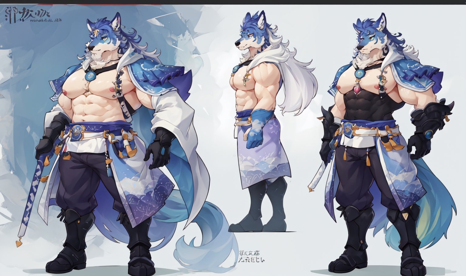(front view, side view, back view, full body, upper body, reference sheet:1),chara-sheet, clean background, 4K,  masterpiece, ultra-fine details,
1 kemono , mature male,
colorful furred, thick arms, big ear, bushy eyebrow, Argus-eyed, big_muscle,  muscular thighs, tall, Muscular,
shaman concept ,cartoon,Kawaii Figurines Style
