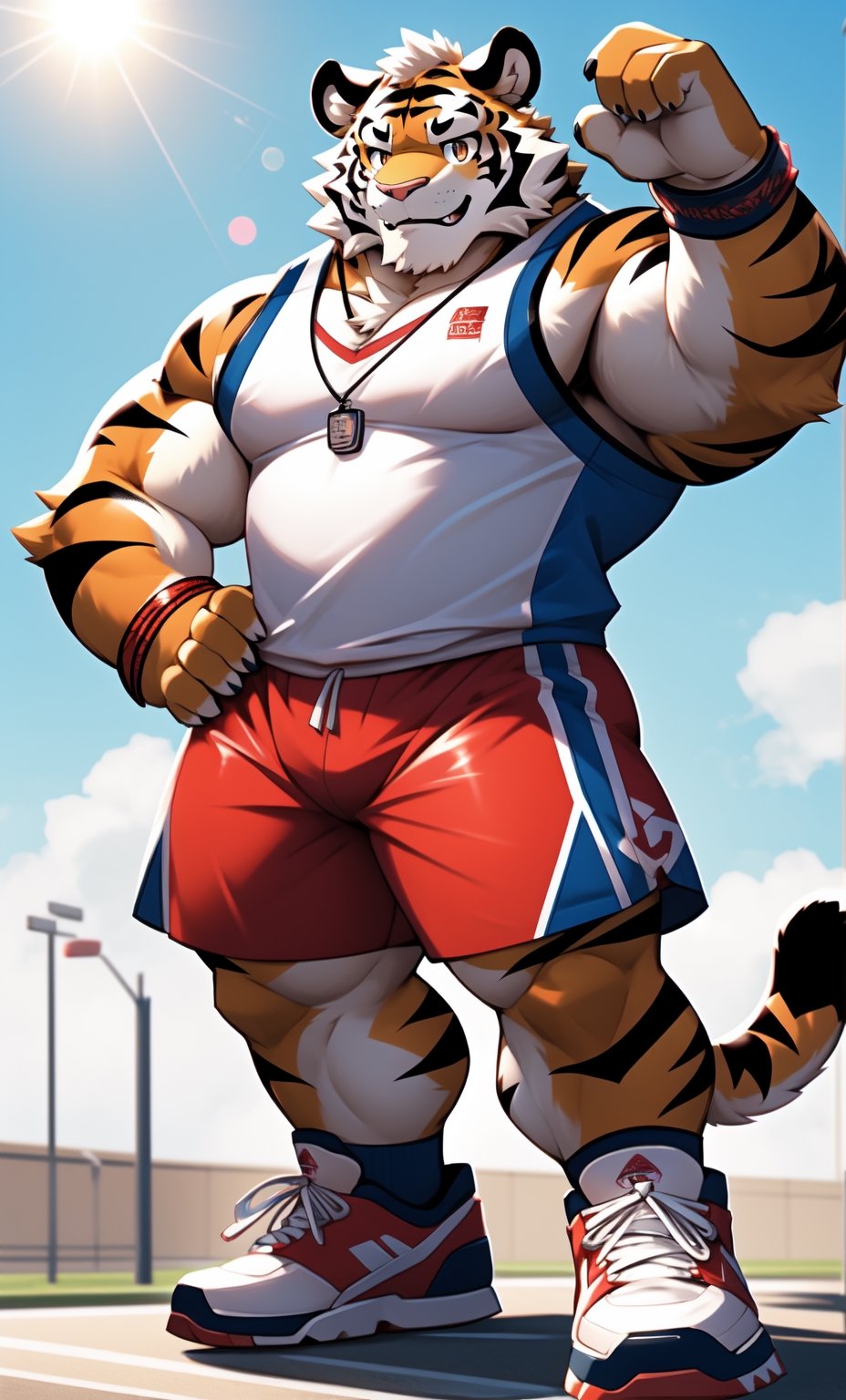 short focal length view, 1 kemono,  tiger, ((mature male)),  colorful furred,  solo,  4K,  masterpiece,  ultra-fine details,  big ear,  bushy eyebrow,serious eye, thick thighs, basketball shorts, full body, iron tribal necklace, shiny smile, tall, strongmen,
sleeveless shirt, wristband, lens_flare,sunny,
sneakers, ((long socks)),
turn slightly sideways,nj5furry