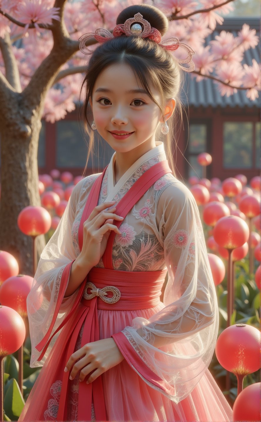 Hanbok, beautiful girl, portrait, smile, fair face, looking at viewer, aesthetics, romantic mood, Kwon Nara, beautiful hands
Background: spring garden, bright red, 1 girl,