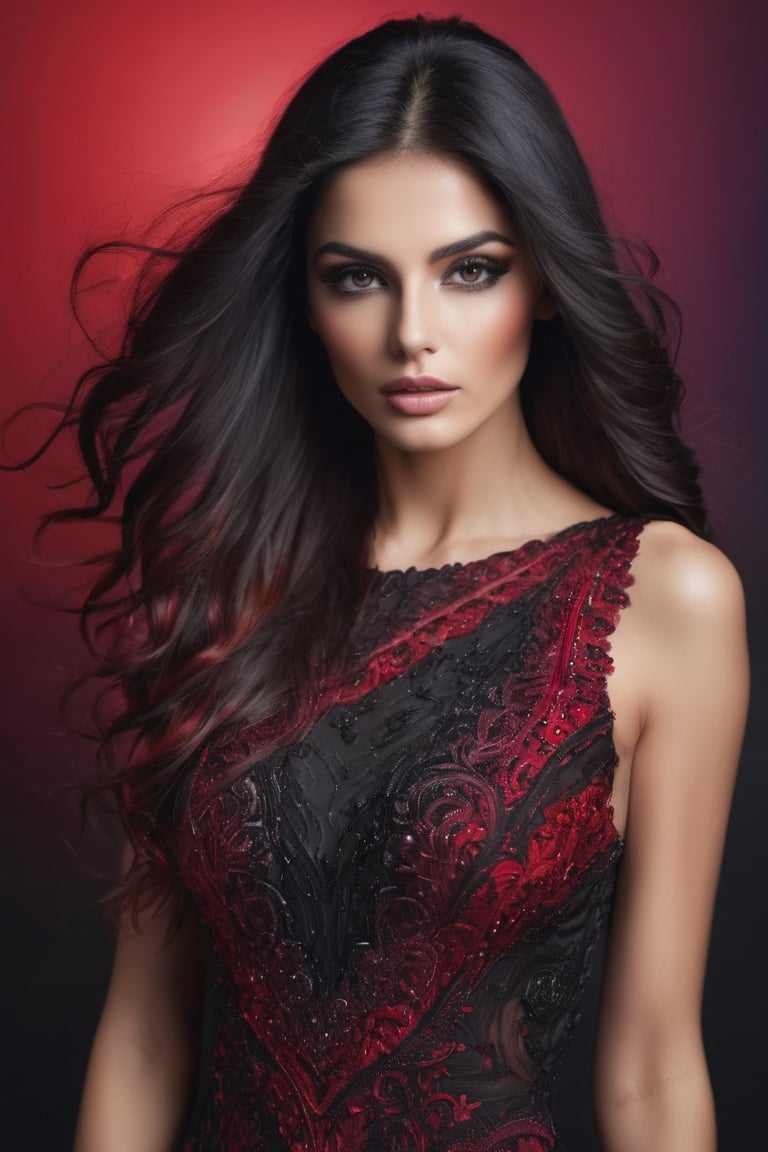 Beautiful woman, beautiful body,  beautiful facial features, long dark hair with multicolored streak hair,   expressive intricate dress, (red to black colour gradient:1.5). (intricate backgrounds). (detailed eyes)