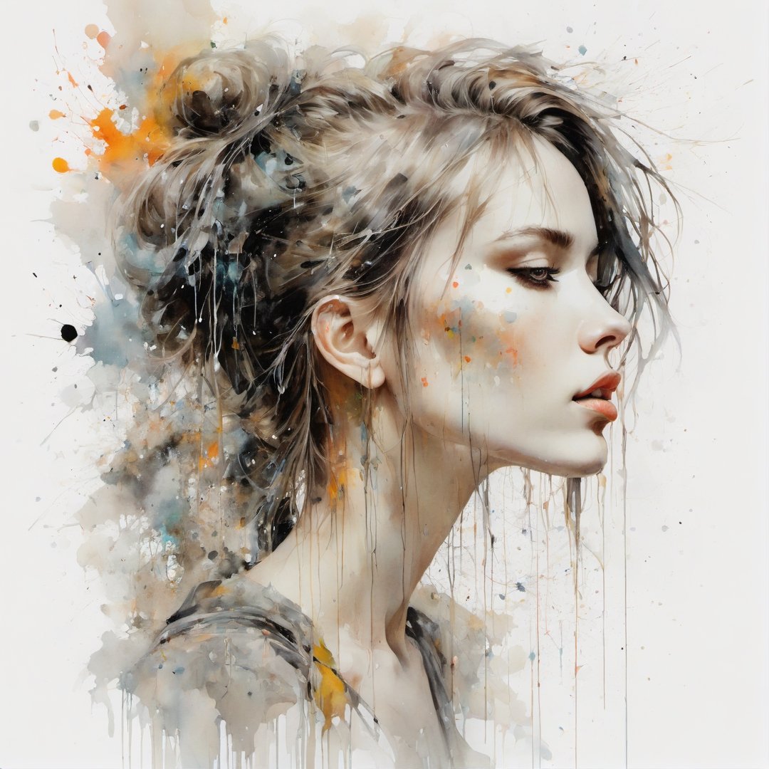 Side profile portrait of a beautiful woman, pale colors, avant-garde, pencil, white background, watercolor, dripping paint, splatter paint, Anna Razumovskaya, Russ Mills, ,dripping paint,Potrait of a girl 