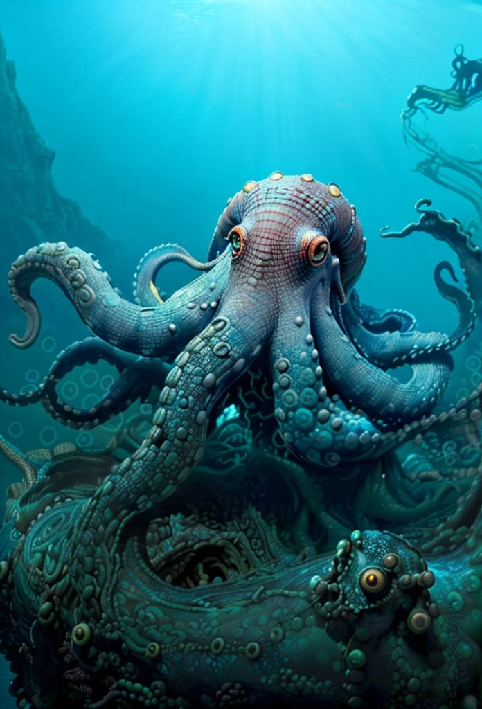 a stunning photo of giant octopus, black skin with red dots,  big octopus suckers, beautiful saturation, ultra high res,(realistic:1.4)),deep shadow,(best quality, masterpiece), shade, highly detailed,  undersea, sea monster, boat above monster head,, (masterpiece,best quality:1.5),AIDA_LoRA_Neytiri