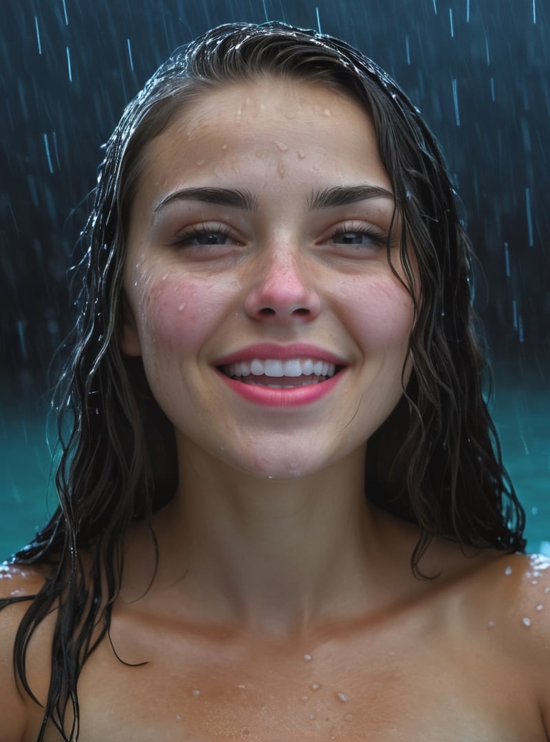 masterpiece, best quality, female, closeup, raining, soaked, professional photography, front view, facing viewer, looking at viewer, smirk, 8k, ultra realistic, night, upper body, photo r3al, shooting star, closed mouth, sensual,photo r3al,ice and water,neon photography style