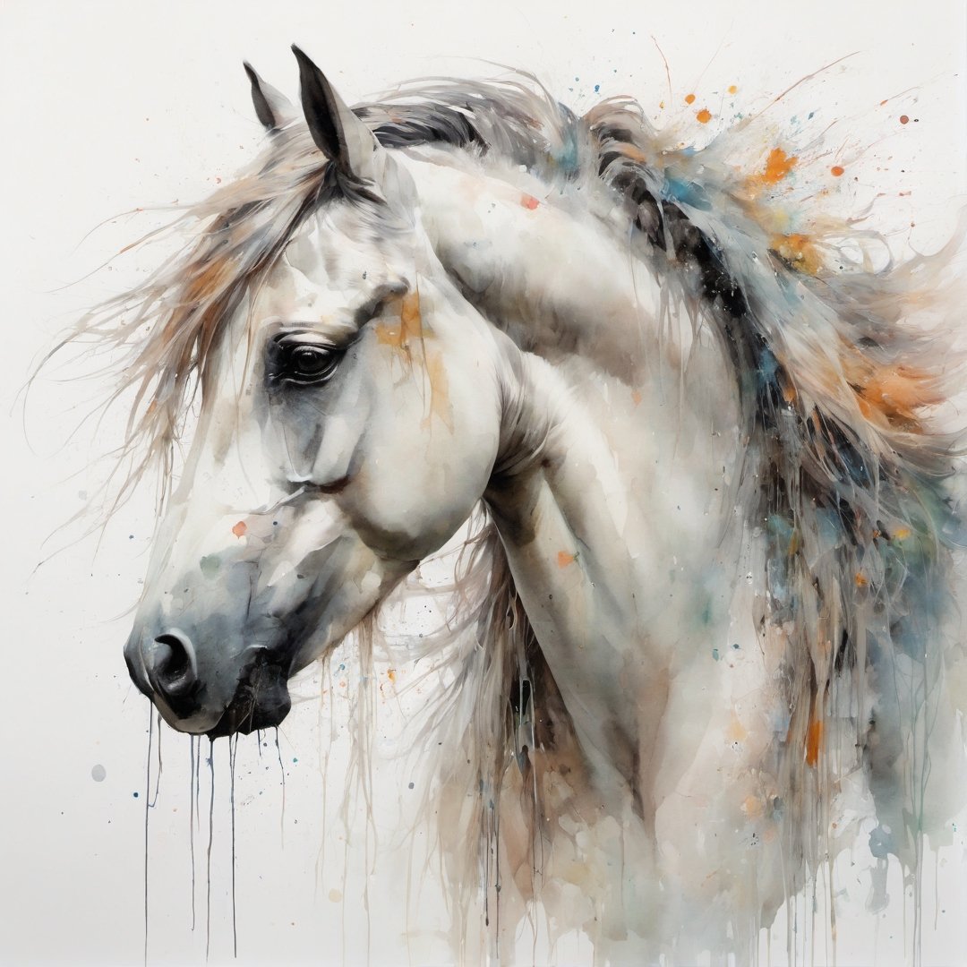 A horse with long mane, pale colors, avant-garde, pencil, white background, watercolor, dripping paint, splatter paint, Anna Razumovskaya, Russ Mills, ,dripping paint