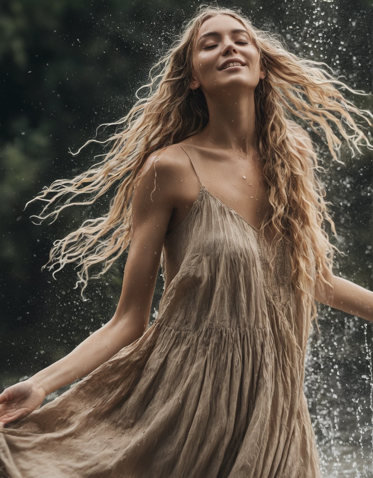 A beautiful woman  surrounded by  splashes of water,  splashing water, High quality, masterpiece, RAW photo, best quality, 4k, 8k, high resolution, ultra-detailed, blonde in a thin linen dress ((lots of folds, BOHO style)) ,r4w photo