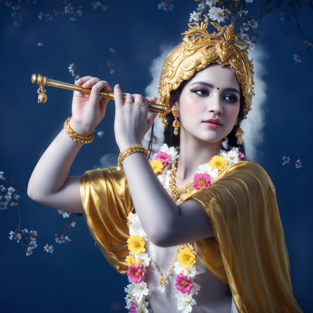 Beautiful   Krisha playig golden flute, beautiful light, dramatic atmosphere, ultra quality,  stunning, intricately detailed dramatic image, fog, transparency, subtlety, hindi type Makeup,  little white flowers i backgroud, beautiful hands, detailed fingers