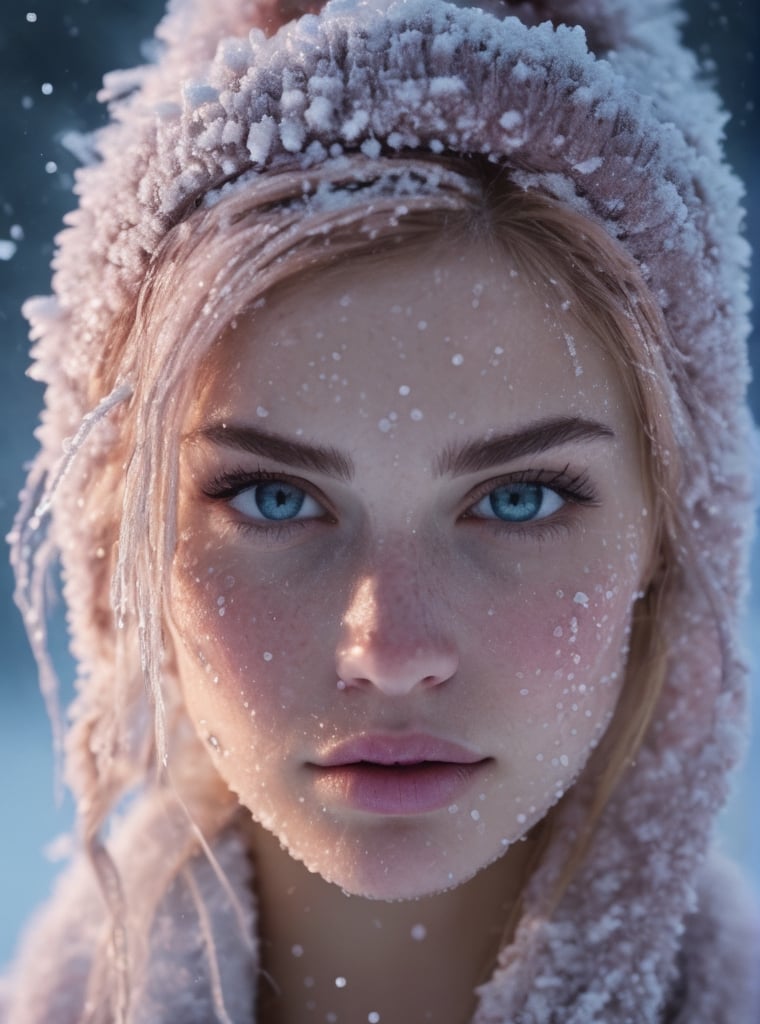 Beautiful woman,  a grimace of pain on her face, heavy snowing, snow on her face, ice and water, freezing cold, masterpiece, best quality, female, closeup, frost, professional photography, front view, facing viewer, looking at viewer, 8k, ultra realistic, ,Snow