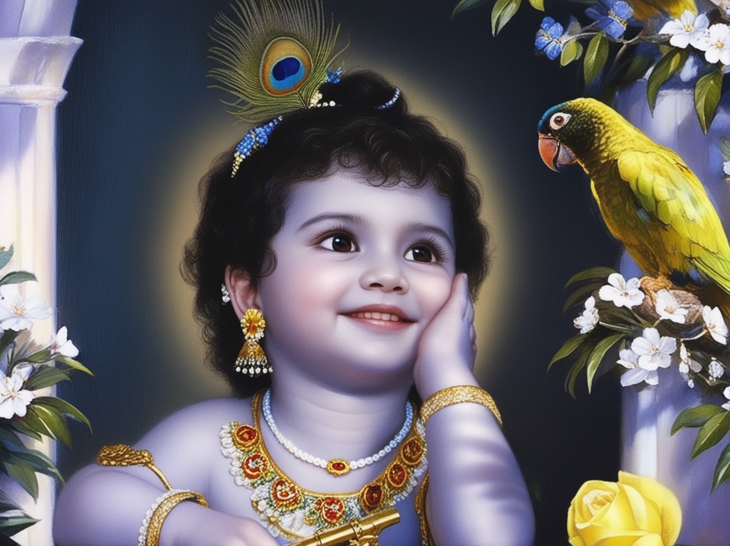 Very beautiful child smiling, it's skin is bluish, black curly hair, big brown eyes, peacock feather in hair, holding golden flute in it's right hand, looking at yellow parrot, white halo around it's head, flowers, ultra realistic, best quality, proper anatomy, closeup, shallow depth of field, cinematic scene, cinematic lights