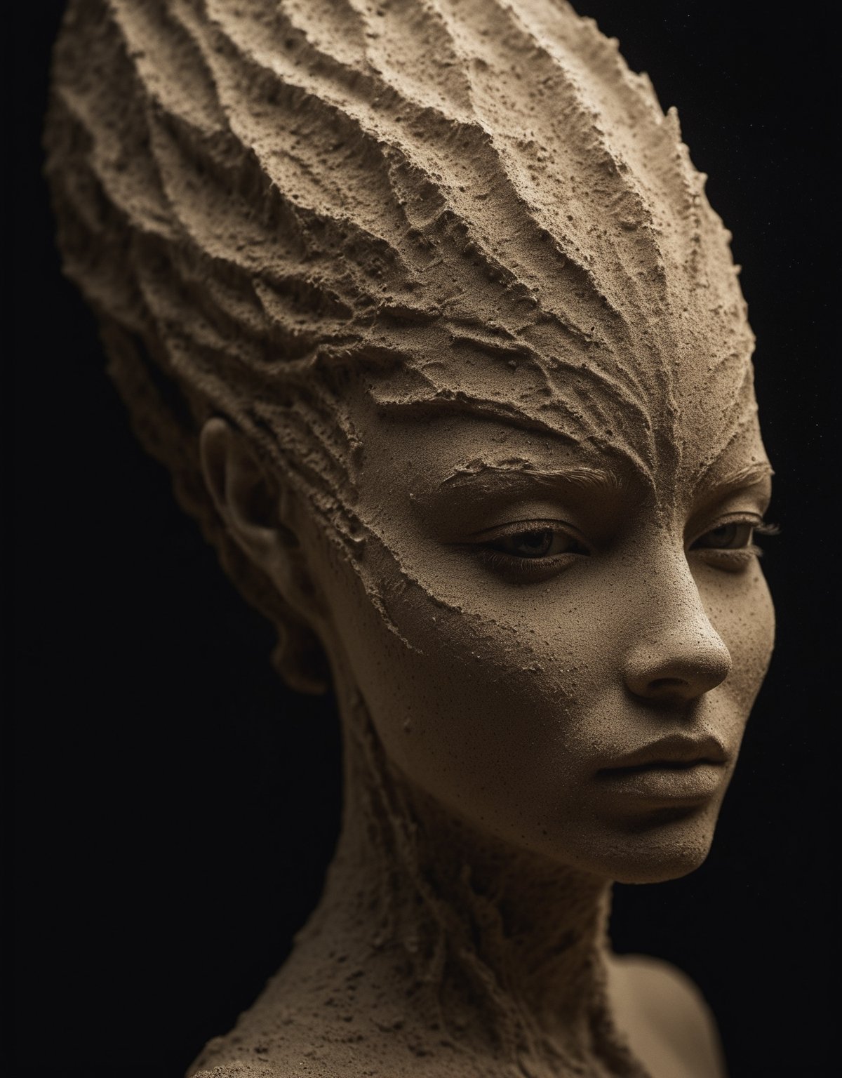 a very beautiful woman sculpture made of sand, (scattered dust), motion effects, loose sand, (loose sand), shallow focus,  lights, ultra sharp focus, high speed shot, art by beksinski,
((fine-details:1.3)), (cinematic_lighting),ral-sand
