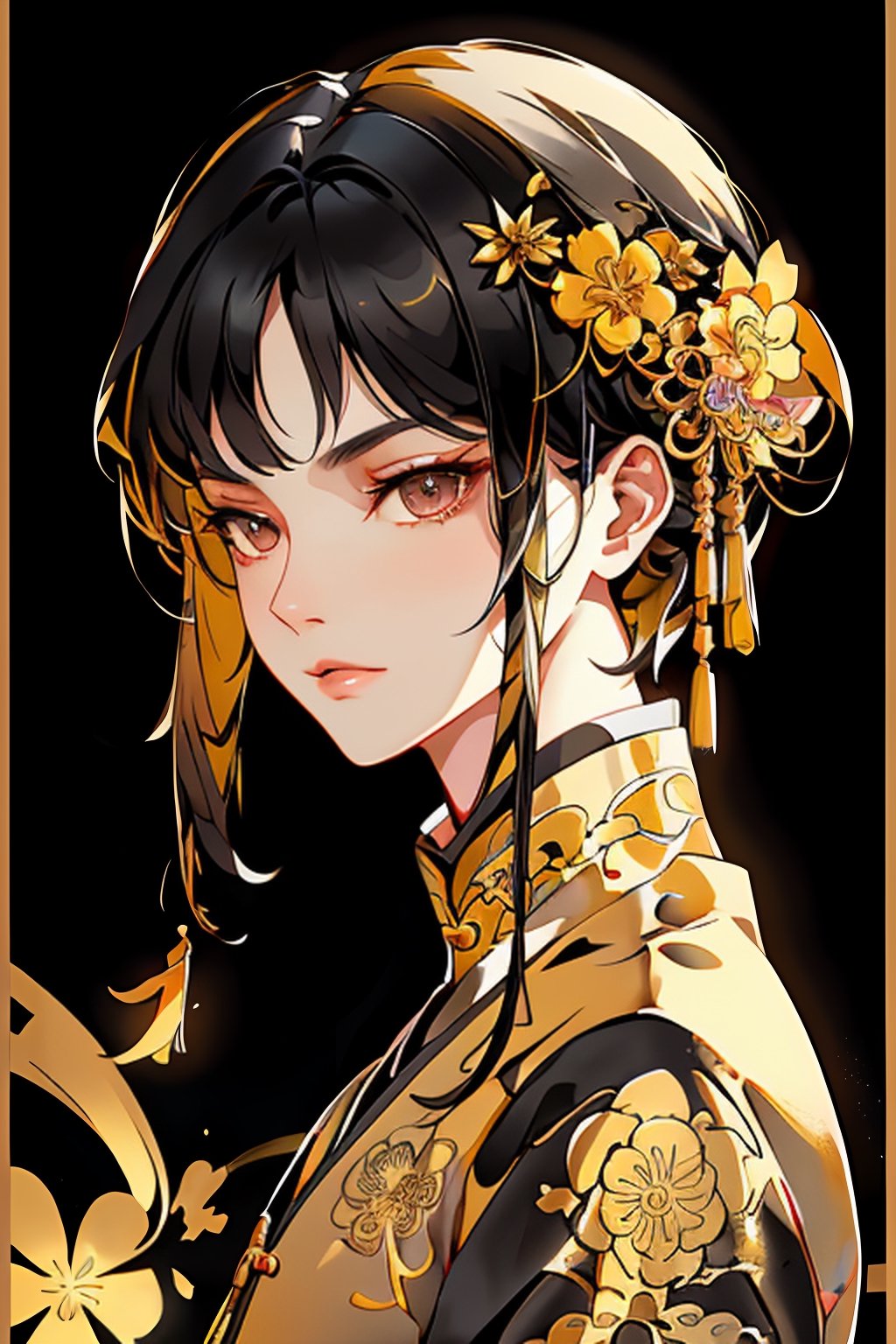 (masterpiece), 4k, extremely detailed and intricate, (1girl), short black hair,leaning back on balcony stretching legs, perfect face, beautiful face, detailed face, clear face, perfect body proportions,looking outside,(flat chest),closeup, wearing a black and gold cheongsam, ancient chinese city background,,extremely realistic,bright colors,midjourney portrait,nijistyle,gonggongshi,1 girl