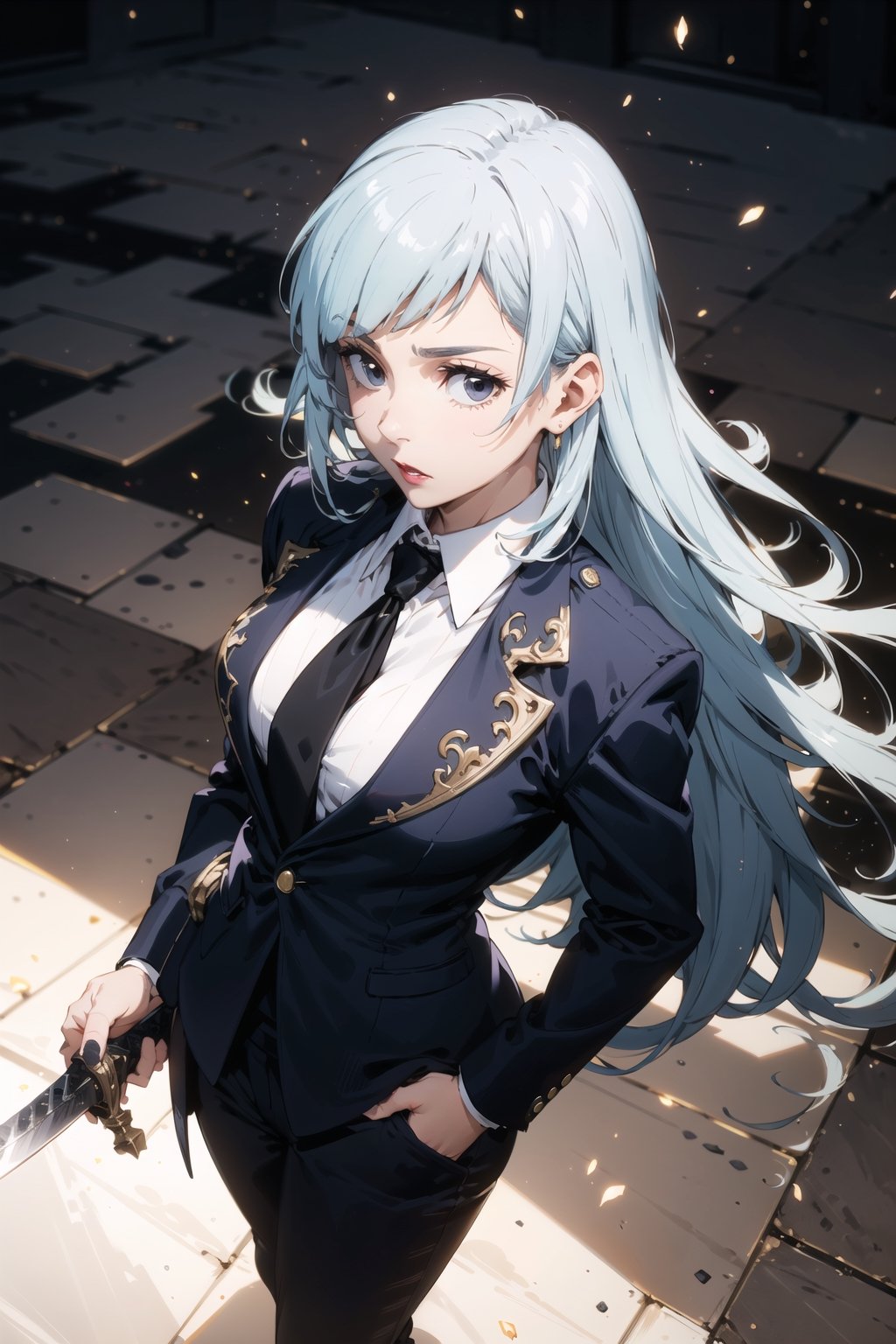 (female,clear skin,daytime,from above),extremely detailed and intricate,high quality,perfect face,detailed background,full-length_portrait,(long light blue hair,wearing a black buissness suit,a sword tied to her waist),perfect lighting,solo,(soft skin,thin red lips),extremely beautiful,city,GdClth,Miwa,Angel