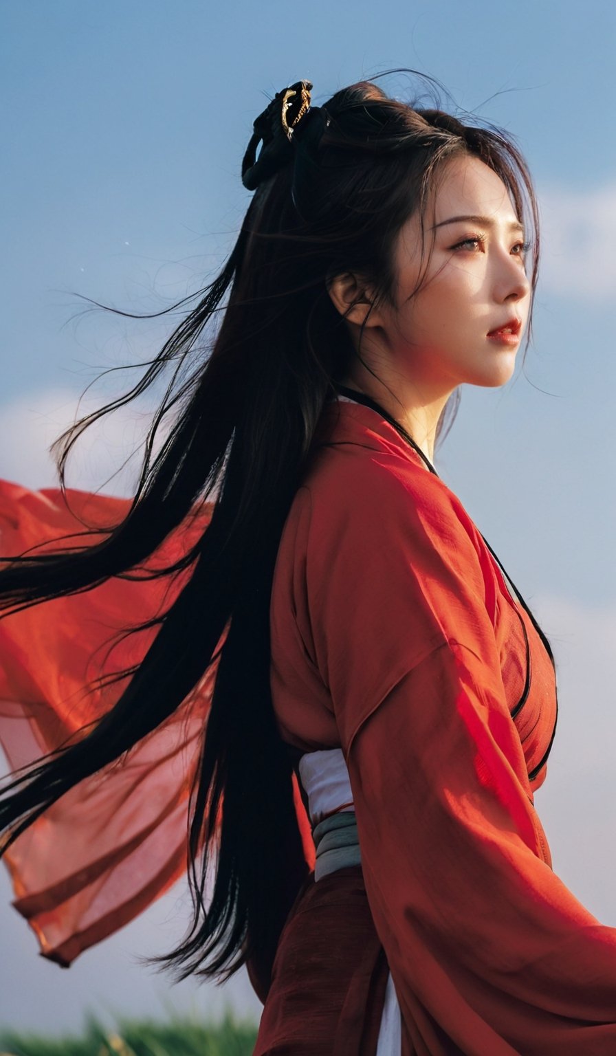 Best quality,(masterpiece:1.2),cinematic photo,1girl,A beautiful girl in red hanfu,long hair blown by the wind,comic in the sky,upper body,in summer,side-tie_bikini,motion blur,(sad:1.1),(crying:1.1),close-up,(tears:1.1),(face focus:1.1),(close mouth:1.1),front view,